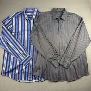 Lot Of 2 Bugatchi Uomo‎ Shirt Mens 2XL Striped Classic Fit Button Up Long Sleeve